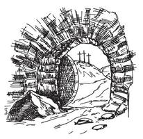 Open cave. Empty opened tomb of Jesus. Easter. Hand drawing sketch vector