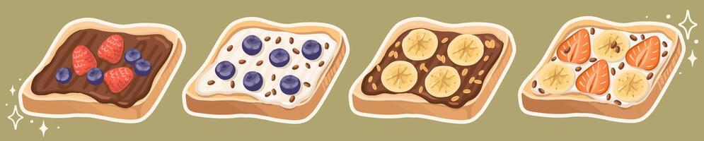 Set of Sweet Healthy Toasts with Fresh Berries. Nutritious and Delicious snacks. . vector