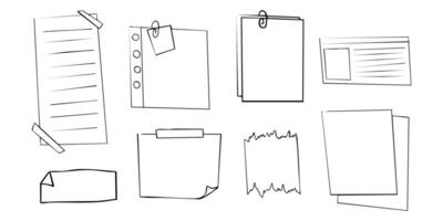 Memo sticky note reminder sheet paper. Doodle paper frame, check list with pin, tape, paperclip elements. Set cute notes, office or school messages. vector
