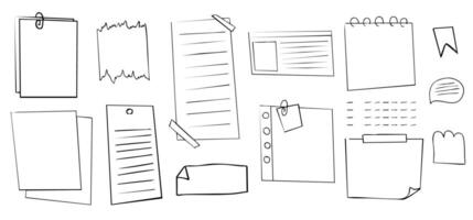 Memo sticky note reminder sheet paper. Doodle paper frame, check list with pin, tape, paperclip elements. Set cute notes, office or school messages. vector