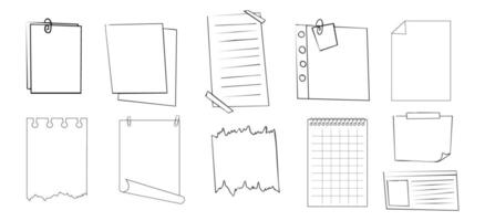 Memo sticky note reminder sheet paper. Doodle paper frame, check list with pin, tape, paperclip elements. Set cute notes, office or school messages. vector