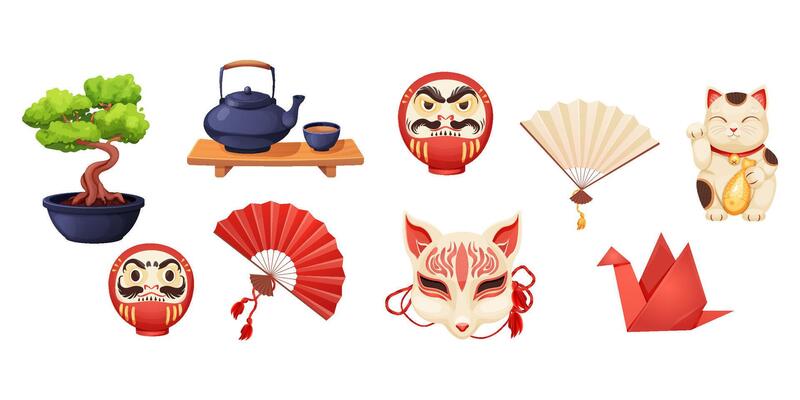 Japan set with traditional elements bonsai tree, koinobori flag, fun, maneki neko cat, origami crane and teapot with tea cups isolated on white background.