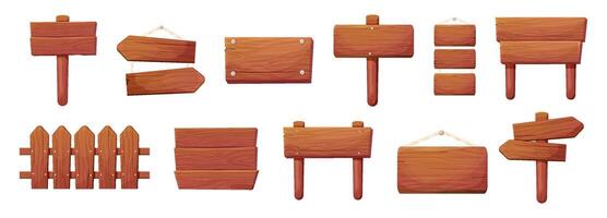 Wood plank signboard frame wooden texture game signpost, farm garden or jungle pointing panel. Set menu ui design. Outdoor empty textured arrow vector