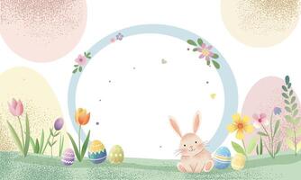 Easter background with eggs, bunny, tulips. Springtime template. Spring greeting card with place for text. vector