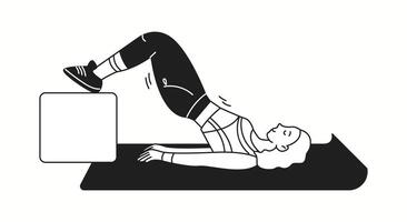 Woman athlete performs bridge exercise using box linear icon. Lady engages in fitness workout on mat doodle character doodle thin line illustration vector