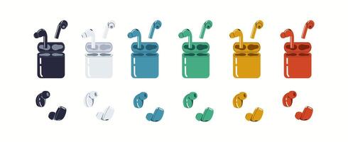 Earbuds stored in charging cases flat color icon set. Wireless earbuds provide immersive audio experience objects pack on white background vector