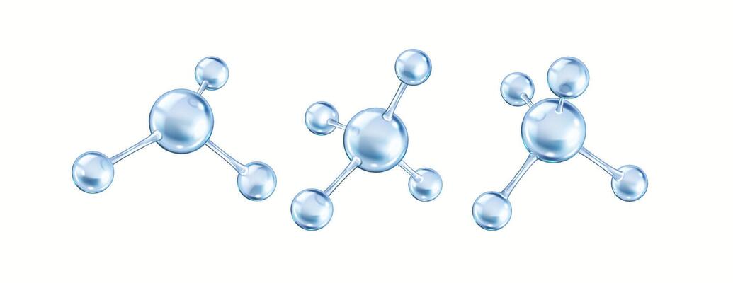 Rotating blue collagen molecules from spheres realistic color icons set. Spheres create connection 3d objects bundle on white background