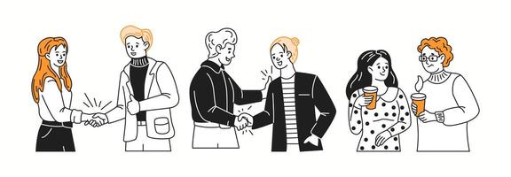 Business partners shake hands talking color linear icons collection. Woman and man enjoys informal conversation doodle characters on white vector