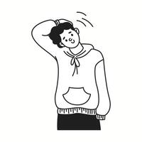Young man performs neck stretching exercise linear icon. Guy in hoodie improves flexibility doodle character doodle thin line illustration vector