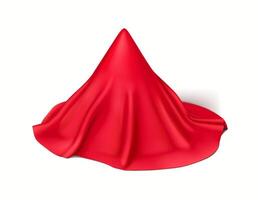 Smooth red silk tablecloth draping over cone realistic illustration. Product unveiling at opening 3d object on white background vector
