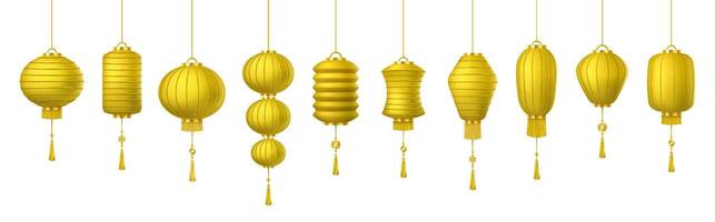 Traditional Asian lanterns of thin yellow paper color icons set. Ancient Chinese decorative lamps with tassels 3d objects bundle on white vector