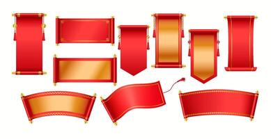 Mockup Chinese scrolls for New Year realistic color icons set. Red and golden Asian manuscripts with best wishes 3d objects bundle on white vector