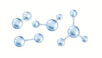 Blue collagen molecules from spheres realistic color icons set. Chemical structures form bond 3d objects bundle on white background vector