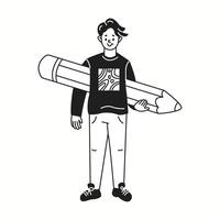 Man stands proudly with oversized pencil linear icon. Male designer prepares to draft unique design doodle character doodle thin line illustration vector