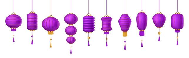Decorative purple Chinese lanterns of thin paper color icons set. Asian lamps with tassels for happy holiday ambience 3d objects bundle on white vector