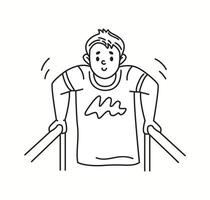 Strong young man exercises on parallel bars in gym linear icon. Guy improves physical endurance doodle character doodle thin line illustration vector