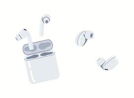 Earbuds with charging case flat color icon set. Modern portable audio technology for music lovers objects pack on white background vector