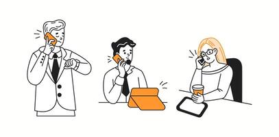 Office workers talk on phones solving work tasks color linear icons collection. Businesspeople use modern devices doodle characters on white vector