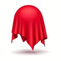Sphere covered with red silk cloth realistic illustration. Tablecloth drapery folds flowing down hiding ball 3d object on white background vector