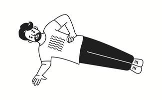 Man with beard performs side plank exercise linear icon. Sportsman improves endurance doodle character doodle thin line illustration vector
