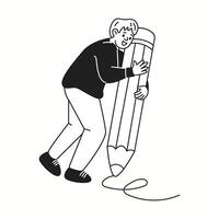 Man uses massive pencil to draw spiral line linear icon. Male represents power of artistic vision doodle character doodle thin line illustration vector