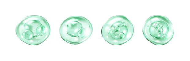 Collagen molecules bouncing inside green bubbles realistic color icons set. Skin rejuvenation care 3d objects bundle on white background vector