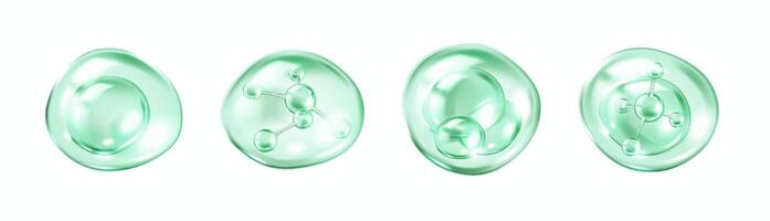 Collagen molecules floating inside green bubbles realistic color icons set. Skincare science 3d objects bundle on white background vector