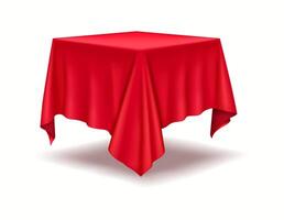 Square pedestal draped with luxurious red silk tablecloth realistic illustration. Showcasing products and announcements 3d object on white vector