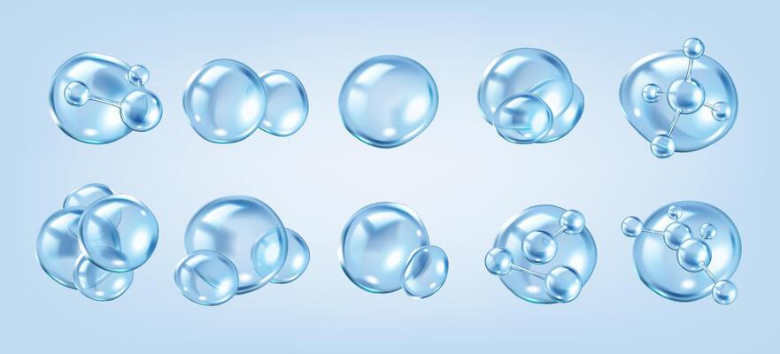 Bubbles with collagen molecules realistic color icons set. Cosmetic product in skincare and beauty industry 3d objects bundle on blue