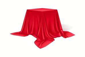 Elegant red silk fabric draping over cube realistic illustration. Hiding surprise box under crimson cloth 3d object on white background vector