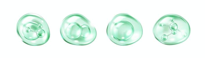 Bouncing collagen molecules within green bubbles realistic color icons set. Scientific aesthetic 3d objects bundle on white vector