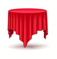 Round table covered with luxurious red silk cloth realistic illustration. Presentation of products classic stage 3d object on white vector