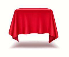 Scarlet silk draping elegant square pedestal realistic illustration. Product display at professional presentation 3d object on white vector