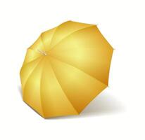 Classic yellow cane umbrella casting soft shadow realistic illustration. Bright cover from rain and sunshine 3d object on white background vector