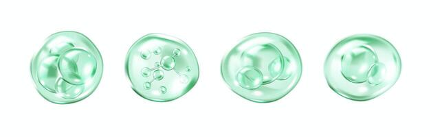 Collagen molecules inside green bubbles realistic color icons set. Remedy for skincare 3d objects bundle on white background vector