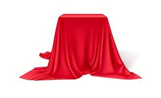 Smooth elegant red silk cloth covering cubic pedestal realistic illustration. Anticipation for grand event 3d object on white background vector