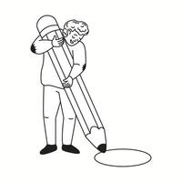 Man draws circle with oversized pencil linear icon. Professional designer shows artistic talent doodle character doodle thin line illustration vector