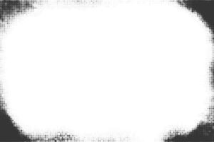 Halftone frame with gradient effect in corners. Textured grunge border with fade. Old dotted vintage abstract bg. Dark grainy decorative rectangle template vector