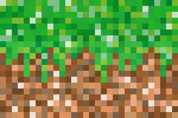 Pixel texture background with grass and ground blocks. Green and brown cubes in seamless pattern for game. Square bricks abstract wallpaper. mosaic backdrop