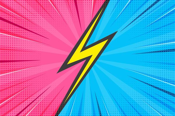 Comic book superhero background with blast. Pop art retro frame with boom effect. Pink and blue vs sunburst striped bright poster with halftone texture.
