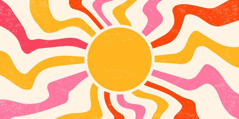 Retro background with sun and spiral rays. 70s swirl abstract sunburst summer poster with grainy texture. Psychedelic radial orange and pink stripes. Wallpaper