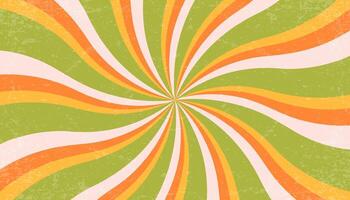 Spiral retro background with psychedelic swirl pattern. groovy sun rays with vintage texture. Abstract twirl 70s green and orange bg with wavy stripes. Summer funky hypnotic poster. vector