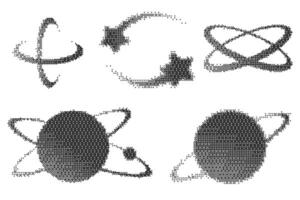 Bitmap pattern abstract cosmic shapes. Planets with orbits and stars. Halftone gradient elements on white background. Y2k graphic abstract icons. Dither noisy grunge texture. vector