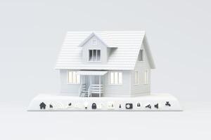 Smart home illustration featuring a house model with illuminated windows and a futuristic control interface. A row of glowing icons symbolizes advanced automation systems and connect. 3d rendering. photo