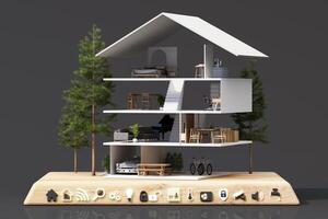 Elegant smart home automation interface displayed on a sleek smartphone, seamlessly connected to a modern multi-story house. The concept emphasizes digital control, home security. 3d rendering. photo