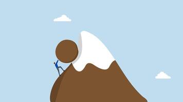 Hard work like pushing boulder uphill, 4k animation of entrepreneur rolling a boulder upward to the summit of a mountain. video