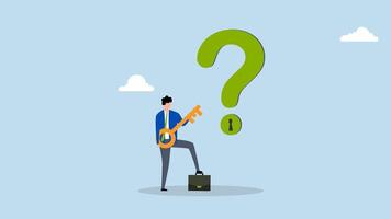 Key to unlock answer for problem and questions, 4k animation of intelligent entrepreneur grasping golden key to open keyhole on question mark symbol. video