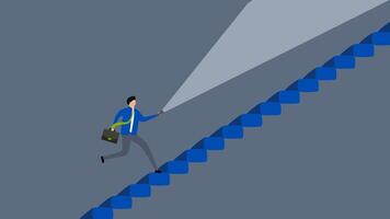 Flashlight to see opportunity, 4k animation of confidence entrepreneur with a flashlight or torch ascending the staircase. video