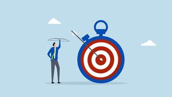 Time management to finish work within deadline, 4k animation of intelligent entrepreneur with bow in hand after hitting the bullseye on the timer. video