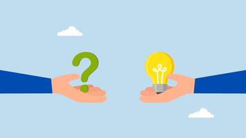Question and answer, 4k animation of entrepreneur hand grasping a question mark while other is responding with lightbulb. video